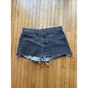 Levis 501 Button Fly Denim Shorts Faded Black Raw Hem Cut Offs Womens 32